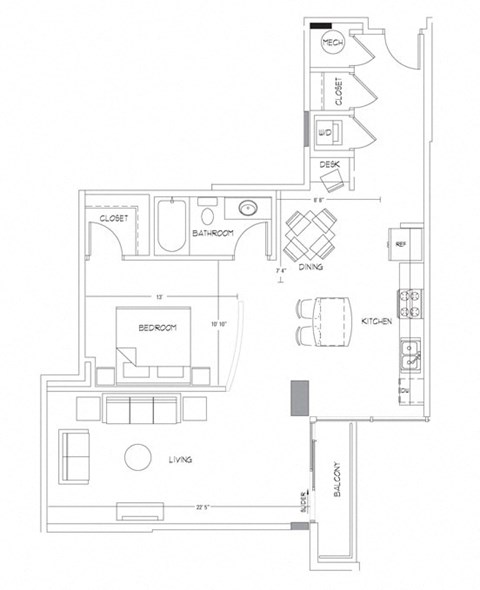 Floor plan for 1 bed, 1 bath, 935 sqft